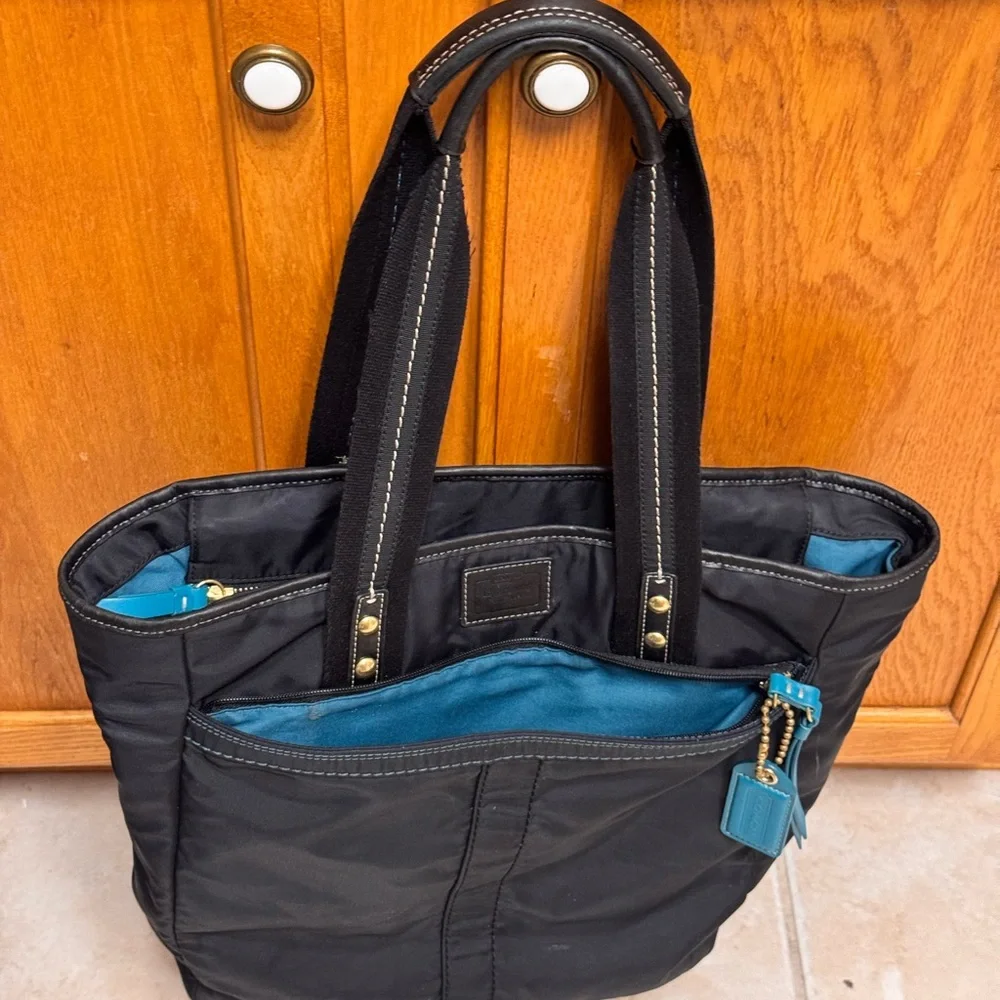 Coach Black Hampton Nylon Tote with Teal Accents - Picture 4 of 16